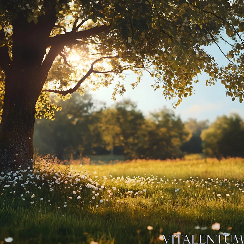 AI ART Sunlit Field with Tree and Flowers