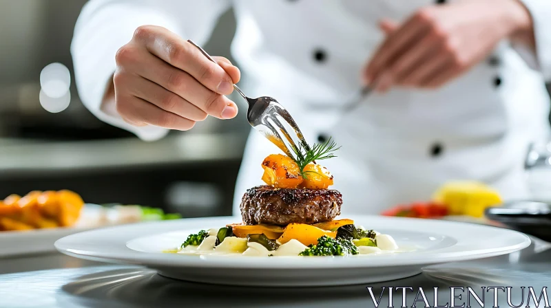 Culinary Masterpiece: Chef's Artful Plating of Gourmet Meal AI Image