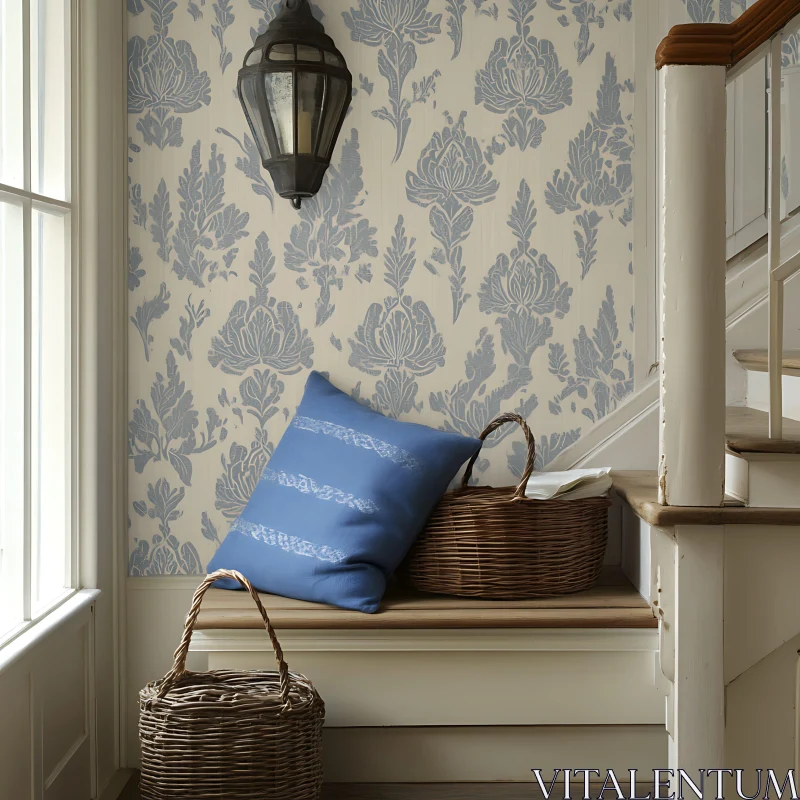 Cozy Interior with Blue Pillow and Baskets AI Image