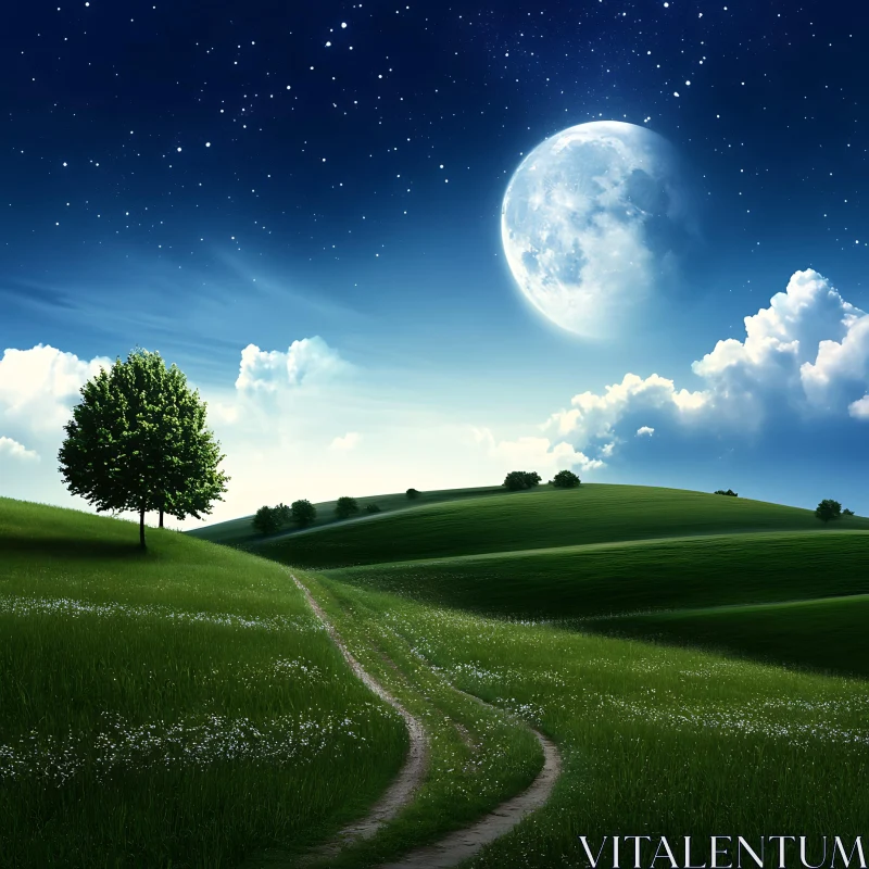 AI ART Night Landscape with Moon and Path