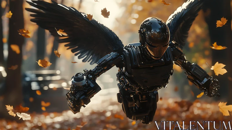 Robot Soaring Through Autumn Leaves AI Image