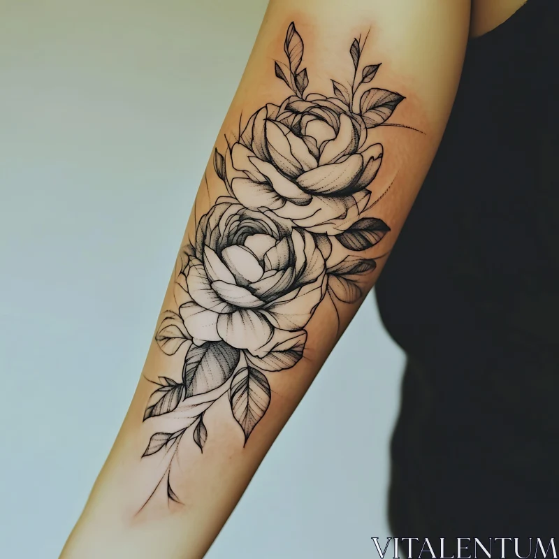 Intricate Rose and Leaves Tattoo on Forearm AI Image