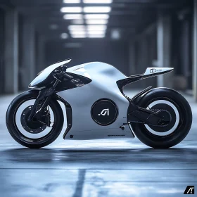 Silver Futuristic Motorcycle in Dark Hallway