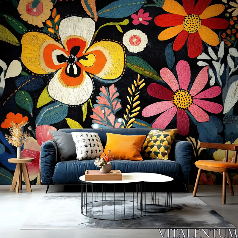 AI ART Cozy Living Room with Floral Accents