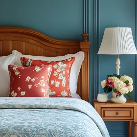 Cozy Bedroom with Floral Pillows and Lamp