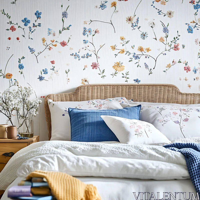 Cozy Bedroom with Floral Wallpaper AI Image