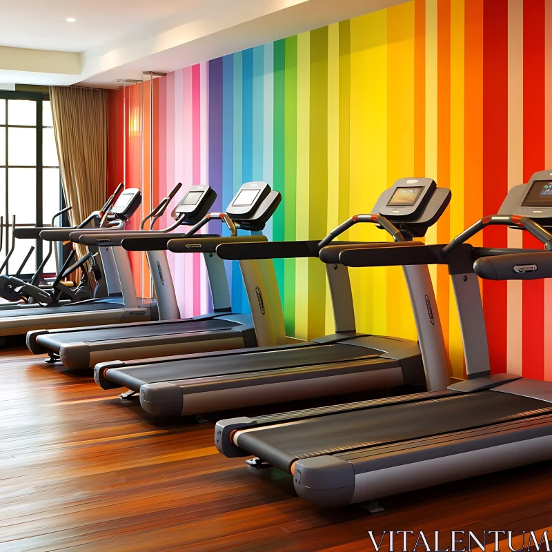 Gym with Colorful Treadmills and Wall AI Image