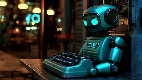 Teal Robot at Typewriter