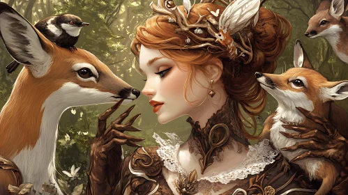 Forest Queen Portrait with Fox and Bird
