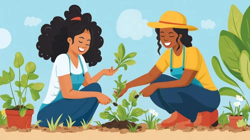 Two women gardening together
