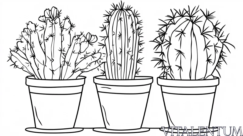 Potted Cacti Black and White Illustration AI Image