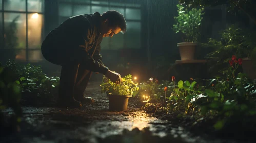 Man Gardening in the Rain