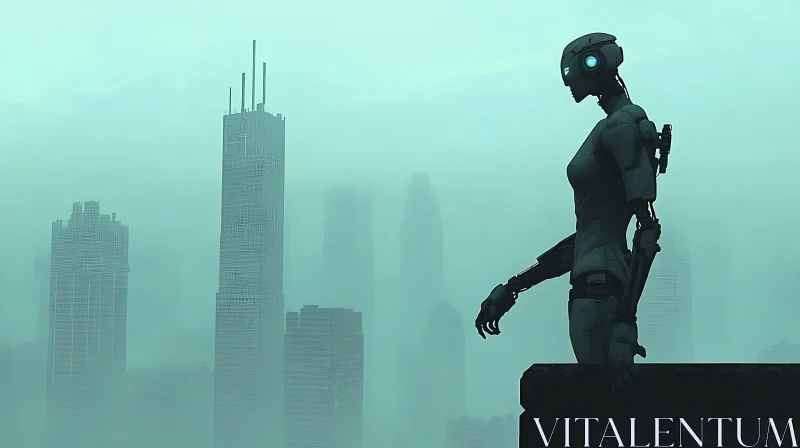 Futuristic Robot in a Foggy Urban Environment AI Image