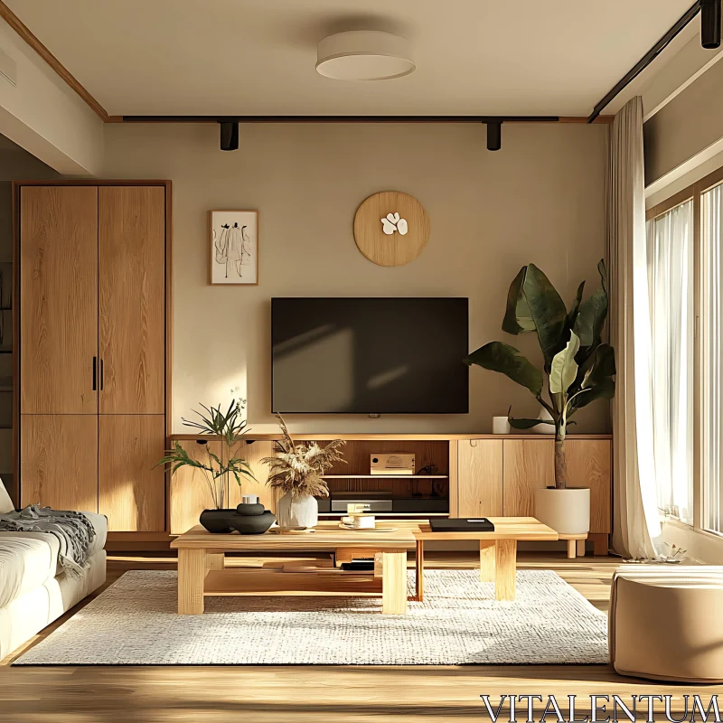 AI ART Serene Home Interior with Wooden Accents