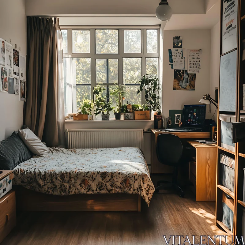 Sunlit Bedroom With Desk and Plants AI Image