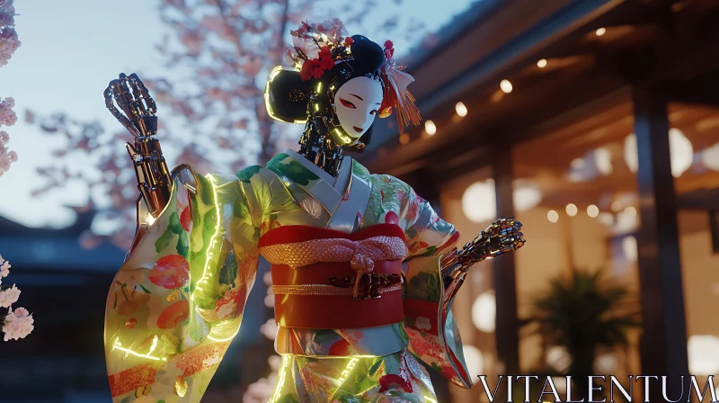 Cybernetic Geisha in Bloom - A Fusion of Tradition and Technology AI Image