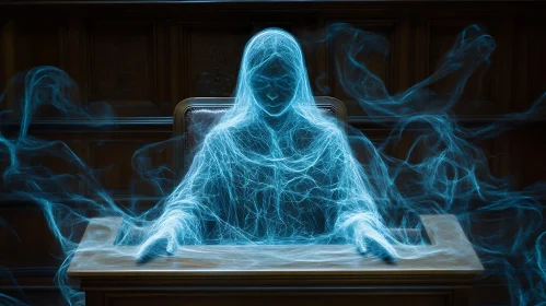 Spectral Being at Wooden Desk