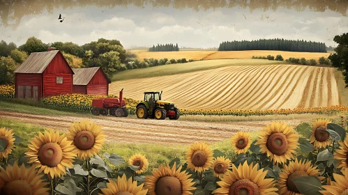 Farm Scene with Red Barn and Sunflowers