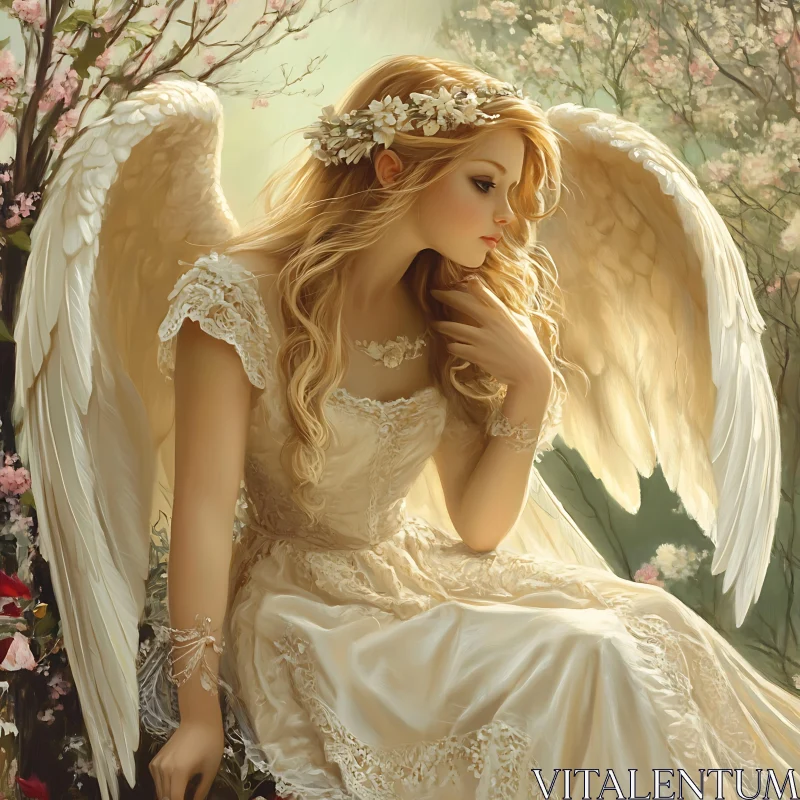 Serene Angel with Wings and Flowers AI Image