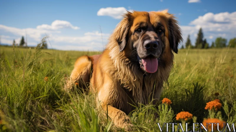 Amber-toned Canine Bliss: Large Dog in Field on Sunny Day AI Image