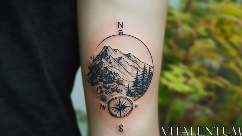 Nature-Inspired Compass and Mountain Tattoo AI Image