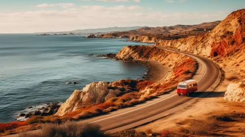 Captivating Coastal Landscape: Old Red Bus Traveling Along Monterey County Road