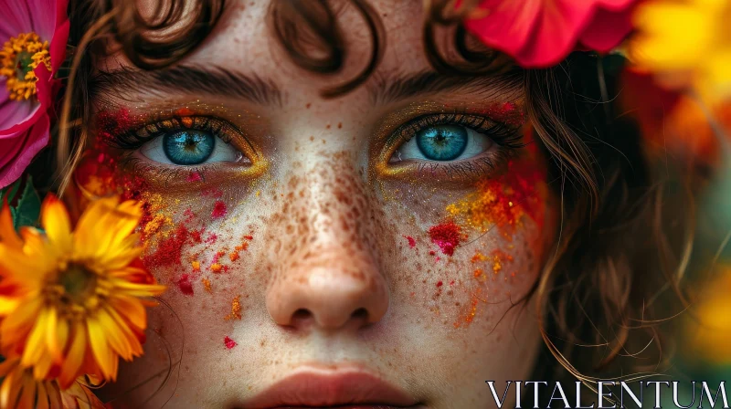 Captivating Portrait of a Young Woman with Blue Eyes and Freckles AI Image