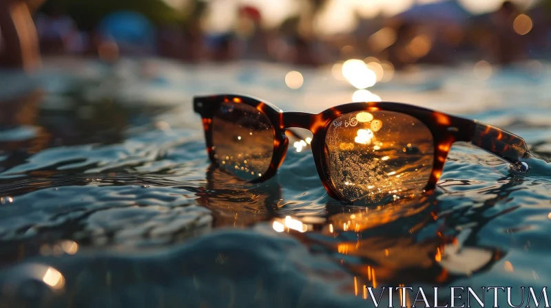 Close-up of Brown Sunglasses Floating in a Swimming Pool AI Image