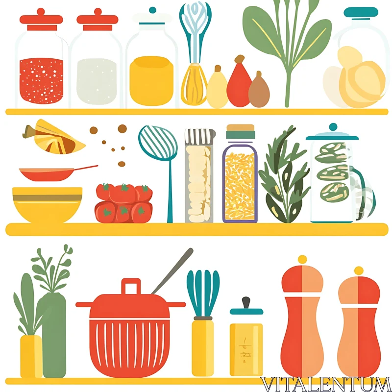 Neatly Arranged Kitchen Items on Shelves AI Image