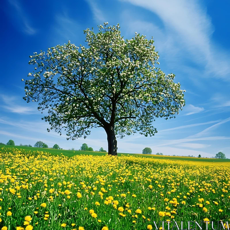 Spring Meadow with Blossoming Tree AI Image