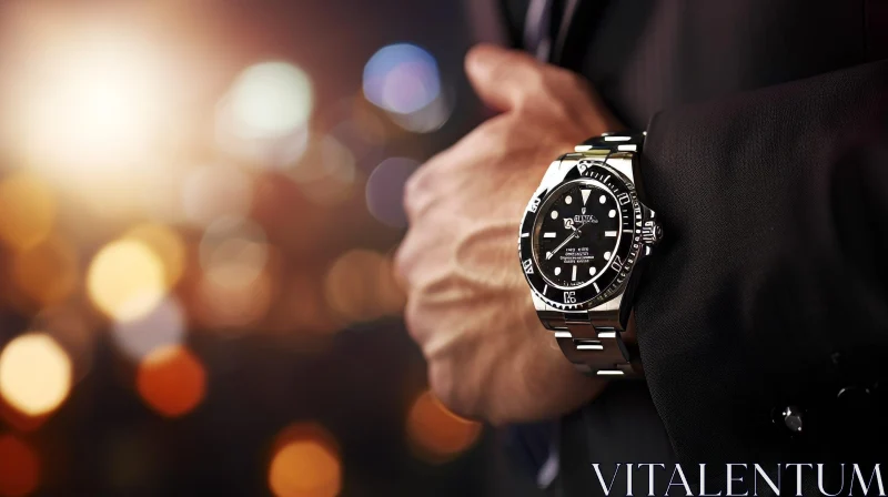 Elegance Personified: A Gentleman in a Black Suit and Rolex Watch AI Image