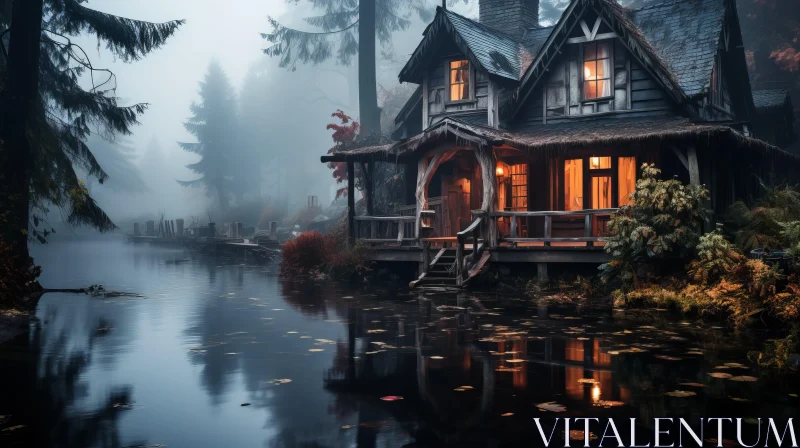 Enchanting House by the Lake in a Mystical Forest AI Image
