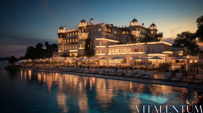 Enchanting Italian Hotel and Pool at Dusk | Gilded Age Opulence AI Image