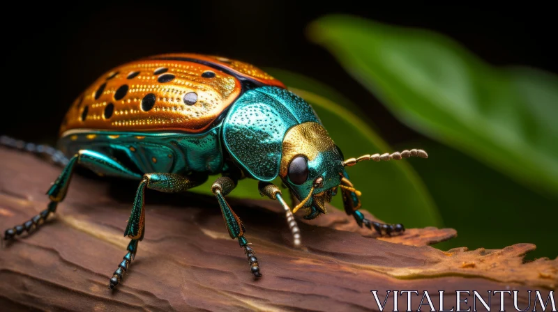 Exquisite Beetle on Branch in Teal and Gold - Bio-Art Photography AI Image