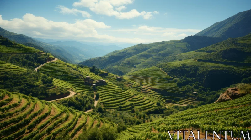 Vines on Terraced Road in Green Hilly Valley AI Image