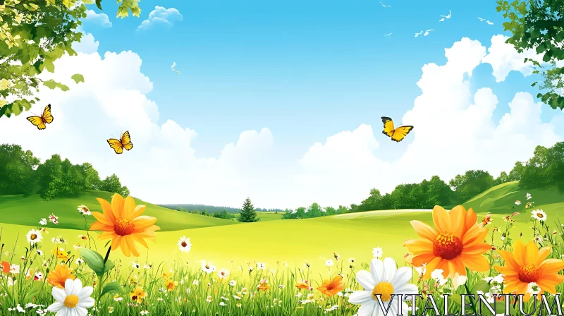 AI ART Floral Meadow with Butterflies