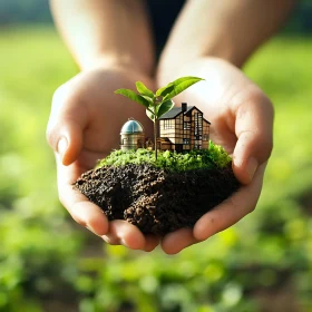 Hands Holding Miniature House and Sprout