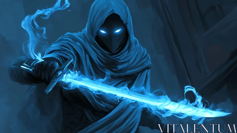 AI ART Enigmatic Hooded Figure with Spectral Blade