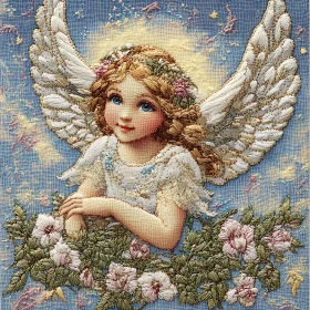 Embroidered Angel Child in Floral Setting