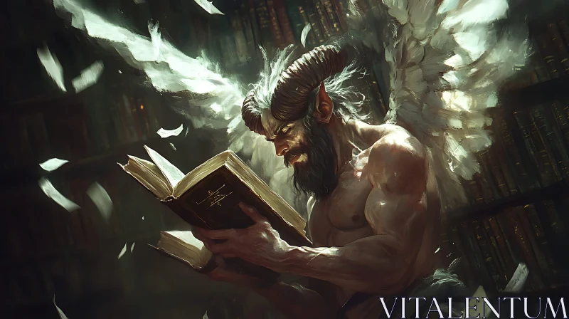 Horned Demon with Wings Reads Book AI Image