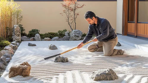Man tending to a traditional Zen Garden
