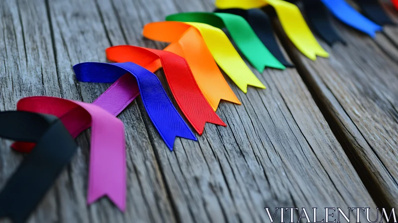 Rainbow Ribbons on Rustic Wood AI Image