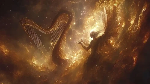 Celestial Harpist in Golden Nebula