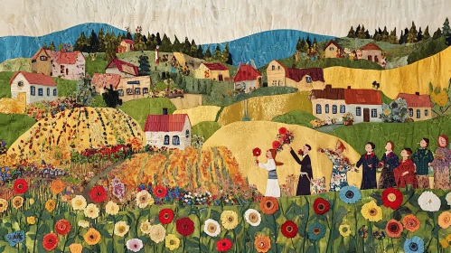 Quilted Village with Flower Field