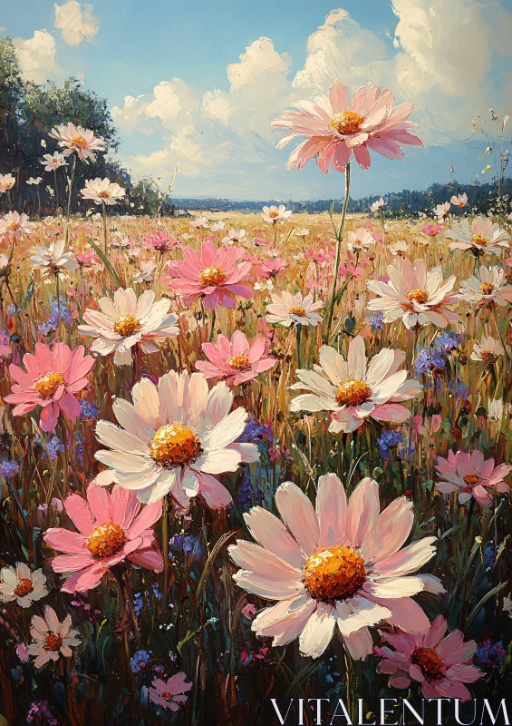 Floral Meadow with Pink and White Flowers AI Image