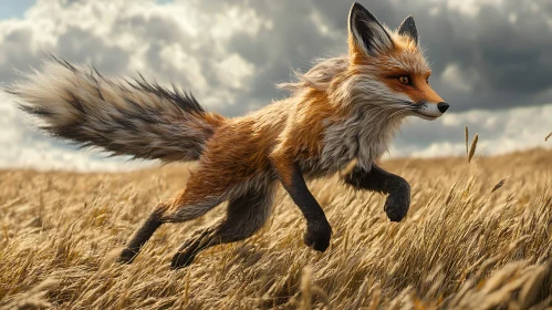Fox Leaping in Field Under Cloudy Sky