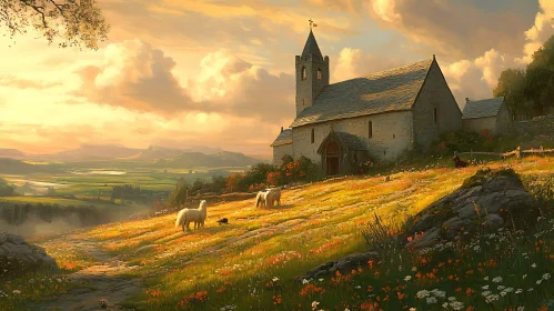 Rural Landscape with Stone Church and Meadow