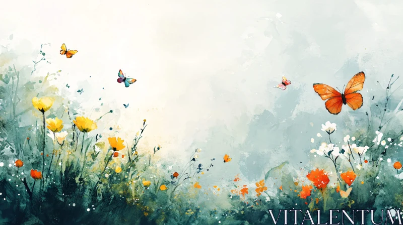 AI ART Floral Field with Butterflies Painting