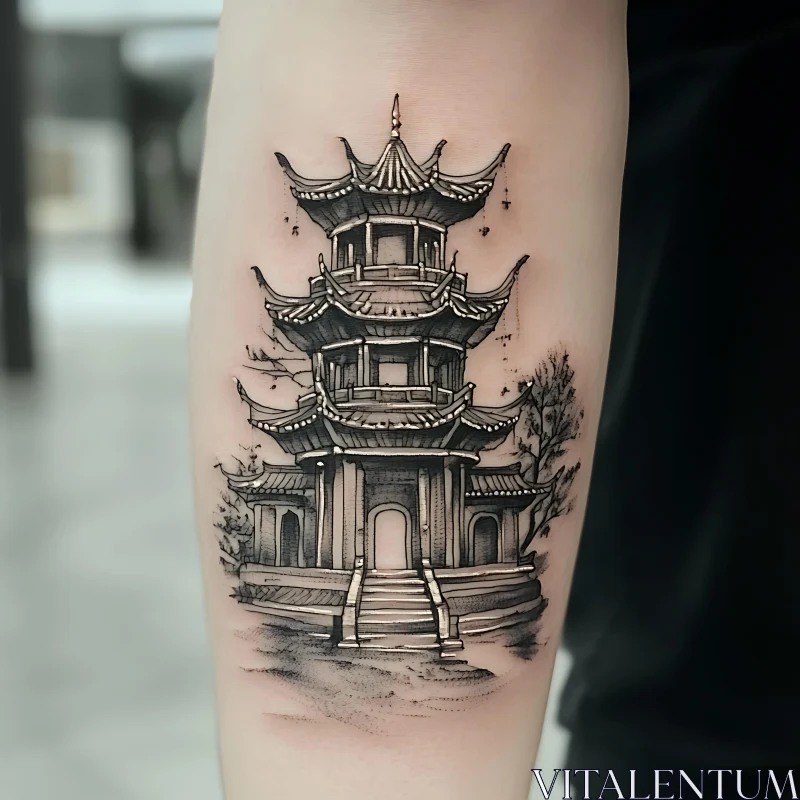 Exquisite Asian Pagoda Tattoo on Skin AI Image