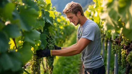 Man Harvesting Grapes in Vineyard